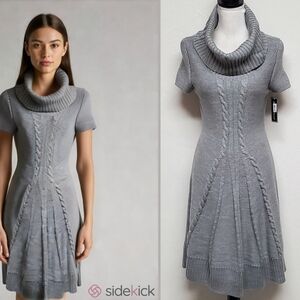 Jessica Howard Gray Multi-knit Cowl Turtleneck Fit & Flare Midi Sweater Dress L